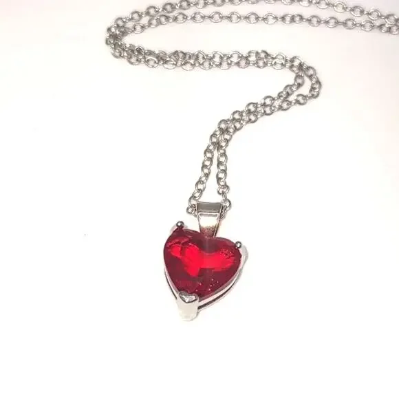 925 Sterling Silver Necklace Red Lab Ruby Heart Pendant Valentines Birthday Gift